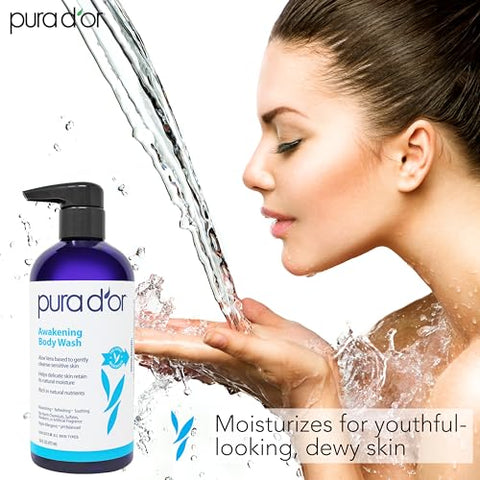 PURA D'OR - PURA D’OR Body Wash Despertar (480ml x3 = 1440ml) Aloe Vera, Camomila, Lavanda, Tea Tree para Fragrância Terrosa Revigorante, pH Balanceado para Pele Hidratada e Macia, Sensação de Frescor, Tudo