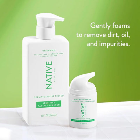 Limpador Facial Sensível Native, Spa Day Todos os Dias (Pacote com 2) | Limpeza Diária do Rosto com Aloe e Vitamina B3, Sem Perfume, 12 fl oz (355 ml)