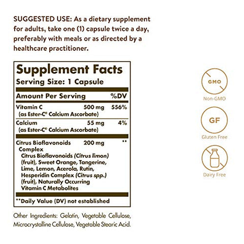 SOLGAR - Solgar Ester-C Plus 500 mg Vitamina C com Bioflavonoides Cítricos – 90 Cápsulas – Suave