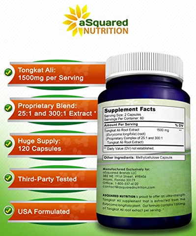 Tongkat Ali 1500mg – 120 Cápsulas – Extrato de Longjack (Eurycoma Longifolia) – Marca aSquared Nutrition - aSquared Nutrition