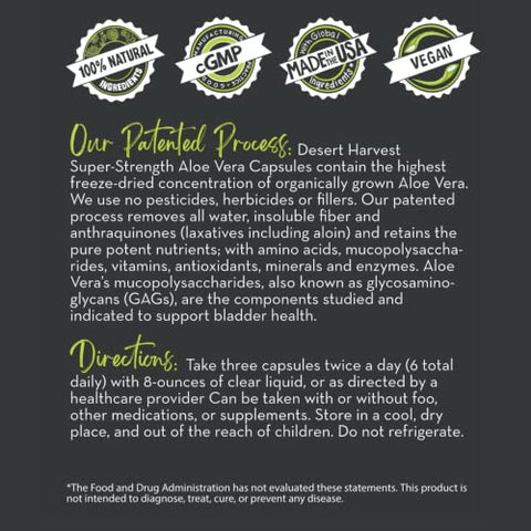 Cápsulas de Aloe Vera Super Forte, Suplemento de Aloe Vera Liofilizado, 600 mg, 180 Cápsulas - Desert Harvest