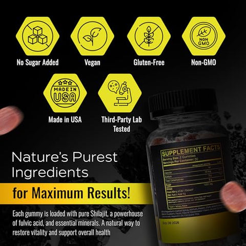 NUTRAONDA - Gummies Premium Shilajit 60 Unidades – 1000mg Puro Himalaia Shilajit para Homens e Mulheres – Gummies de Alta Potência para Aumento de Energia