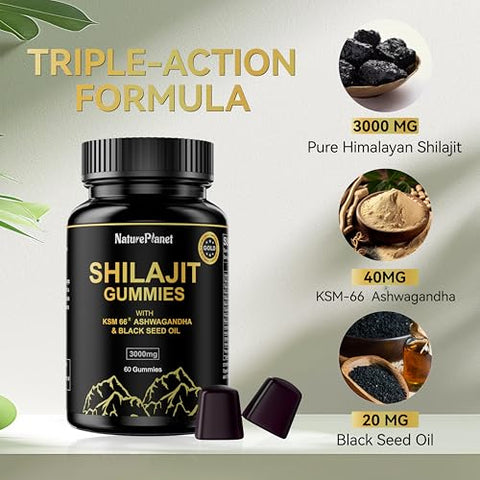 NaturePlanet - 3000 MG Gomas de Shilajit, Extrato Puro de Shilajit Himalaia Orgânico com 85 Minerais Traços para Energia