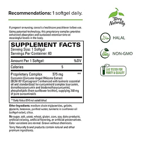 CuraMed 375 mg Complexo de Curcumina – 60 Softgels – Absorção Superior BCM-95 – Não-OGM, Sem Glúten, Halal – 60 Porções - Terry Naturally