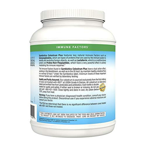 Colostrum Plus Pó 597g – Suporte à Imunidade – Melhora o Desempenho Atlético e Níveis Ideais de Ferro – Imunoglobulina – 25% Anticorpos lgG – Livre de Glúten - Symbiotics