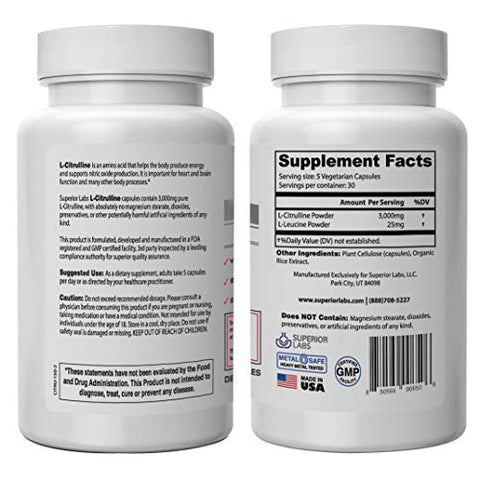 L-Citrulina Pura – Forma Livre – Dosagem Ótima de 3.000mg – 150 Cápsulas Vegetais – Suporta Vasodilatação, Produção de Energia e Saúde Cardiovascular - Superior Labs