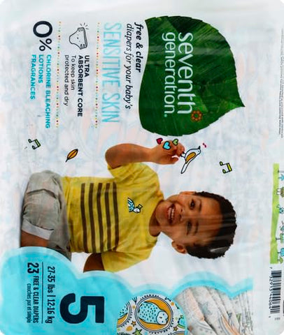 Fraldas para bebês Seventh Generation, Pele Sensível, Estampas de Animais, Tamanho 5, 23 unidades
