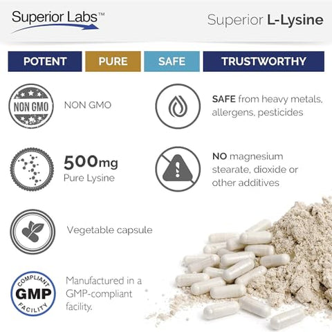 Melhor L-Lisina Não-OGM – Suplemento Alimentar – 500 mg de L-Lisina Ativa Pura – 120 Cápsulas Vegetais – Suporta Absorção de Cálcio – Sistema Imunológico - Superior Labs