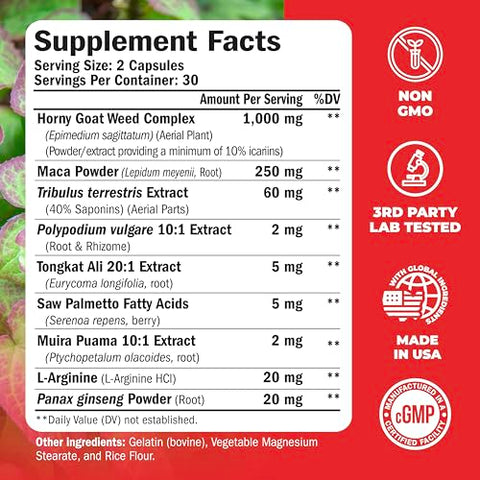Vimerson Health - Tongkat Ali para Homens – Suporte Saudável à Testosterona. Suplementos Energéticos Equilibrados para Homens com Horny Goat Weed, Maca em Pó, Tribulus Terrestris, Extrato de Saw Palmetto