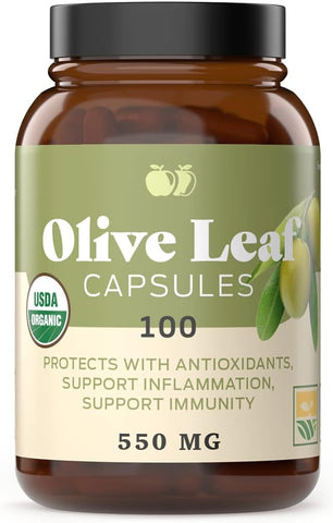Complete Natural Products - Cápsulas de Folha de Oliveira Orgânica – 550mg, 100 Unidades, 1100mg por Porção