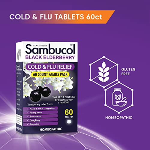 Alívio de Resfriado e Gripe – Medicamento Homeopático para Resfriado, Remédio para Adultos, Sabugueiro Negro para Resfriados, Remédio para Gripe com Zinco – 60 Comprimidos - Sambucol