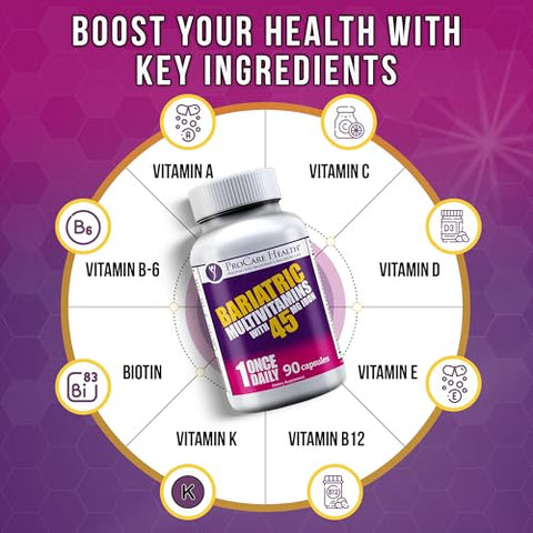 Multivitamínico Bariátrico com Ferro 45mg (90 Cápsulas Fáceis de Engolir) – Vitaminas Pós-Operatórias para Bypass Gástrico e Sleeve, Recuperação Sustentável - ProCare Health