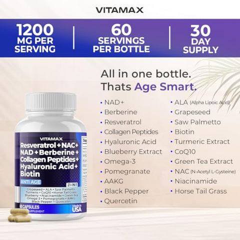 Vitamax - Resveratrol NAD Berberina Ácido Hialurônico – Biotina Uva | 30g