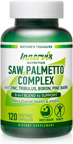 INNERVISNUTRITION - Complexo de Saw Palmetto 120 Cápsulas Vegetais para Suporte da Próstata e Saúde Urinária – Zinco, Tribulus, Boro, Casca de Pinheiro: Suplemento 5 em 1