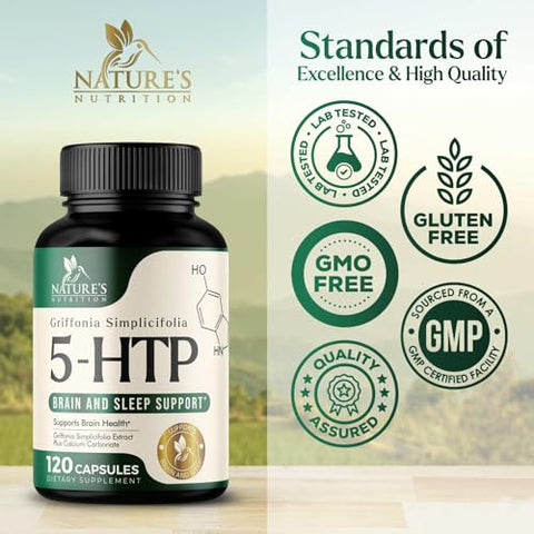 Nature's Nutrition - 5HTP Plus Calcium 200mg – Cápsulas de Suplemento para o Cérebro – Fórmula de Griffonia Simplicifolia 5-HTP – 5-Hidroxitriptofano – Natural, Vegetariano, Sem Glúten