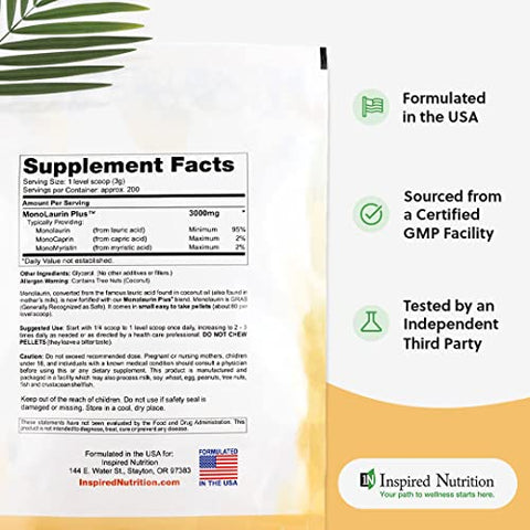 Inspired Nutrition - UltraLaurin ® – Monolaurin Pellets 21oz (600g) – 200 Porções, 3000 mg Cada – Suporte Imunológico e Saúde Intestinal