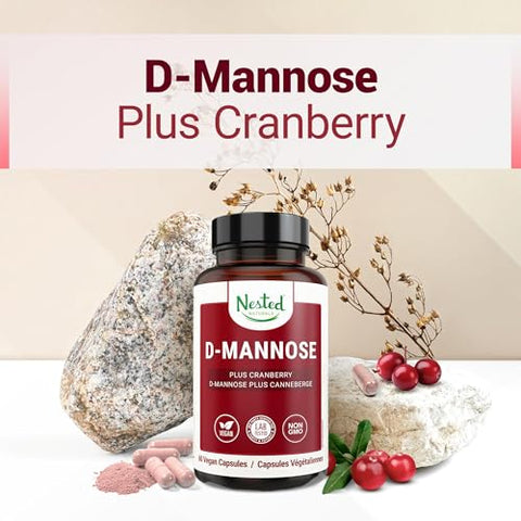 Cápsulas de D-Mannose 500mg com Extrato de Cranberry – Nested Naturals, D Mannose Cranberry Pills, Tratamento Urinário