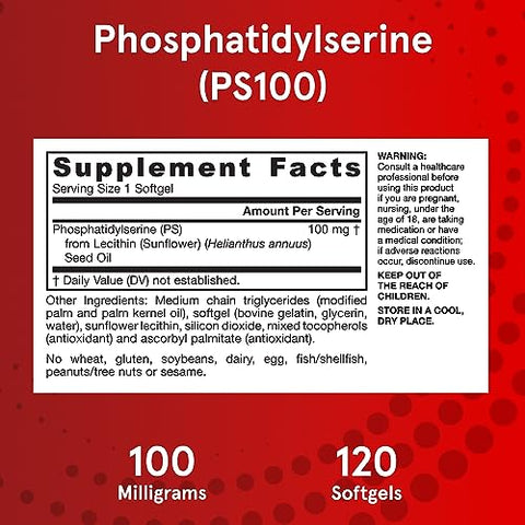 PS100 Fosfatidilserina 100 mg, Suporte para Saúde Cerebral e Cognição, 120 Softgels, 40-120 Dias de Fornecimento - Jarrow Formulas