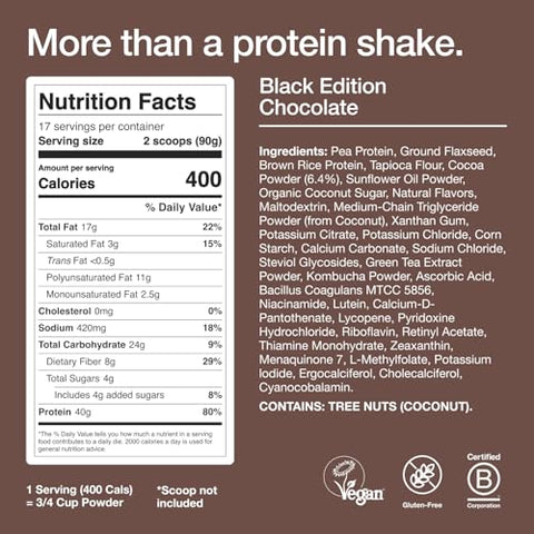 Black Edition | Chocolate 40g Pó Proteico Vegano | Refeição Nutricionalmente Completa | 27 Vitaminas e Minerais, Sem Glúten | 17 Porções | Medidor não Incluso para Reduzir Plástico - Huel