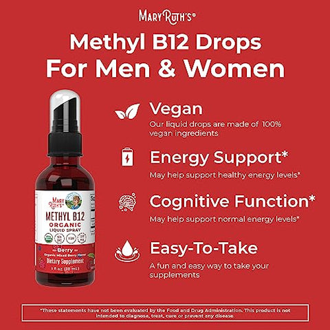 MaryRuth Organics - Spray de Vitamina B12 Orgânica USDA | Líquido de Vitamina B12 Orgânica em Spray | Suplemento de Vitamina B12 Líquida para Função do Sistema Nervoso | Vitamina B12 Líquida para Suporte Energético | Vegano | Não-OGM | 30ml