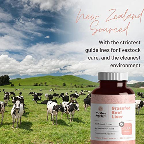 Cápsulas de Fígado Bovino 100% Alimentado com Grama, proveniente de Gado Criado em Pasto na Nova Zelândia — Vitaminas A e B12 com Ferro, Proteína e Mais — Suprimento de 45 Dias (180 Cápsulas) - Mother Nutrient