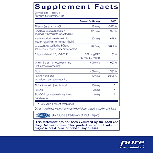 Ultra B-Complex com PQQ | Suplemento de Vitamina B para Apoiar Nervos, Células, Metilação e Saúde Mitocondrial* | 60 Cápsulas - Pure Encapsulations
