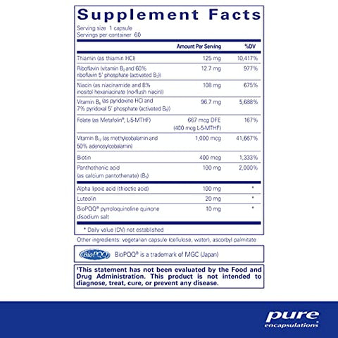 Ultra B-Complex com PQQ | Suplemento de Vitamina B para Apoiar Nervos, Células, Metilação e Saúde Mitocondrial* | 60 Cápsulas - Pure Encapsulations