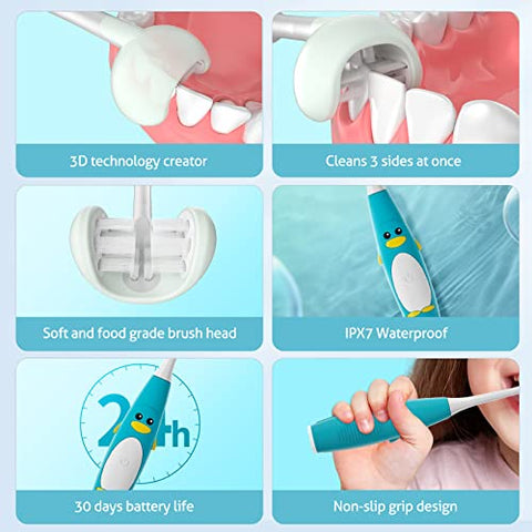 Escova de Dentes Elétrica Infantil 3 Lados, Escova de Dentes Sônica para Crianças com 2 Cabeças de Escova, Temporizador Inteligente 5 Ajustes, À Prova d’Água IPX7, Cabo USB - RAZOKO