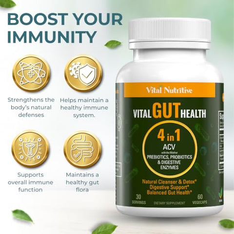 VITAL NUTRITIVE - Fórmula 4 em 1 Vital Gut Health com Vinagre de Maçã e Prebióticos – Saúde Intestinal Essencial