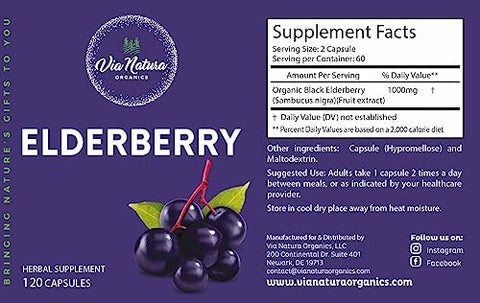 Via Natura Organics - Cápsulas de Sabugueiro 1000mg | Suplemento Herbal Orgânico | 120 Cápsulas