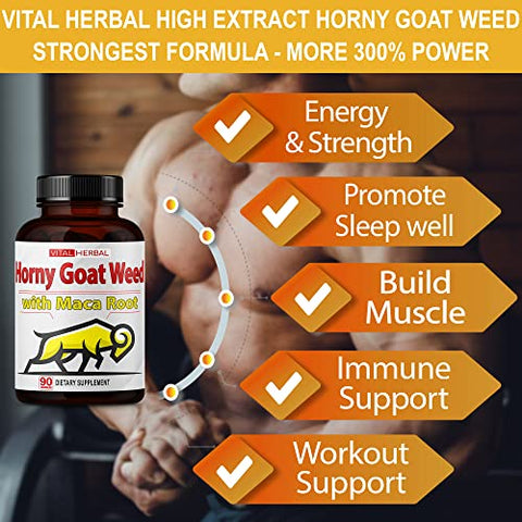 Cápsulas de Horny Goat Weed Equivalente a 8250mg de Força Máxima com Raiz de Maca Tribulus Ashwagandha Tongkat Ali Panax Ginseng para Homens e Mulheres, Aumenta a Energia (90 Unidades) - VITAL HERBAL