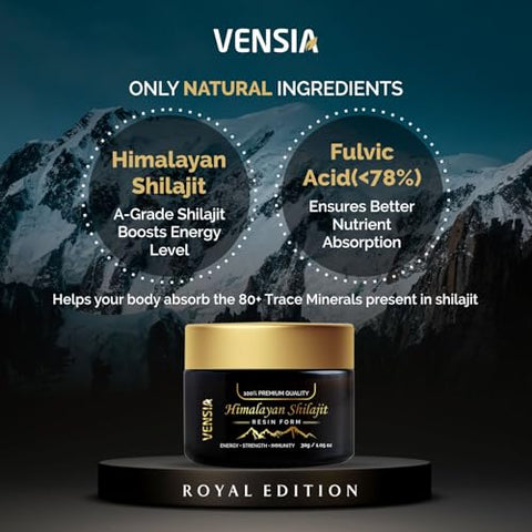 VENSIA - Shilajit Puro do Himalaia em Resina, Ultra Concentrado com 80% de Ácido Fúlvico, 85 Minerais Traços, Energia – Marca em Destaque