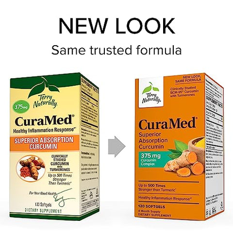 CuraMed 375 mg Complexo de Curcumina – 120 Softgels – Absorção Superior BCM-95 – Não-OGM, Sem Glúten, Halal – 120 Porções - Terry Naturally