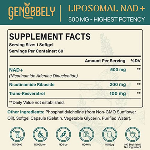 GENOBBELY - Suplemento Liposomal NAD 800 mg com Nicotinamida Ribosídeo 200 mg, Trans-Resveratrol 100 mg – Reparo de DNA, Envelhecimento Saudável, Função Cerebral – Fornecimento de 360 Dias