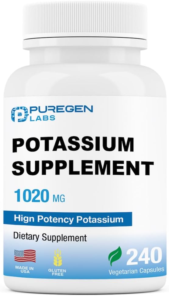P Puregen Labs - Suplemento de Bicarbonato de Potássio Puregen Labs 1020 mg | Livre de Transgênicos | Sem Glúten | Fabricado nos EUA | 240 Cápsulas Vegetarianas