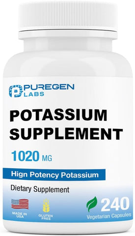 P Puregen Labs - Suplemento de Bicarbonato de Potássio Puregen Labs 1020 mg | Livre de Transgênicos | Sem Glúten | Fabricado nos EUA | 240 Cápsulas Vegetarianas