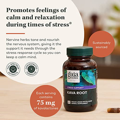 Kava Root – Alivia o Estresse e Promove o Relaxamento Natural – 60 Cápsulas Líquidas Veganas de Kava Nobre (20 Dias) - Gaia Herbs