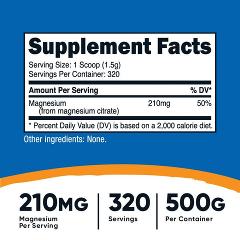 Magnesium Citrate Powder – Pó de Citrato de Magnésio (Sem Sabor, 500g) - Nutricost