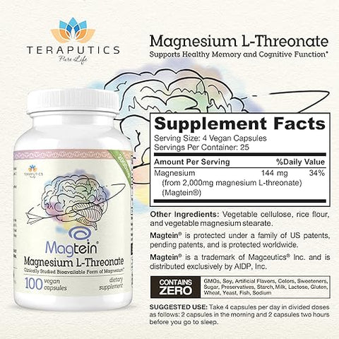Teraputics - Magnésio L Treonato (Fórmula Original Magtein) – 2000 mg 100 Cápsulas Veganas Não-OGM Altamente Absorvente Suplemento Puro de Vitamina para Cognição – Sem Laxante