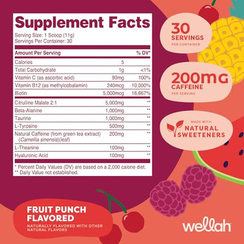 Wellah - Get-Going Mistura para Bebida Pré-Treino (Sabor Ponche de Frutas, 30 Porções)