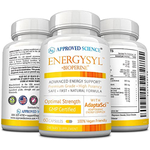 Energysyl – Sem Cafeína – com Adaptógenos, Vitaminas B e Bioperina – Fornecimento de 1 Mês – 60 Cápsulas – Fabricado nos EUA - Approved Science