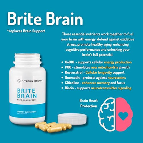 PD VARS - Suplemento Brite Brain Physician Designed | Ultra CoQ10 com PQQ | para Energia e Foco | 60 cápsulas | Marca Brite Brain