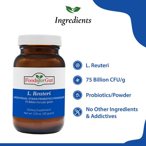 Foods For Gut - Lactobacillus Reuteri Probiótico em Pó 75 Bilhões de UFC’s | Fabricado nos EUA | Sem Aditivos | Digestivo