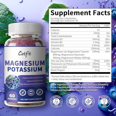Catfit - Gomas de Suplemento de Potássio e Magnésio, Glicinato de Magnésio 500mg, Gluconato de Potássio 99mg, Complexo Triplo de Magnésio 1700mg, Cálcio, Zinco, Vitamina D3 para Cãibras nas Pernas, Sono, Imunidade