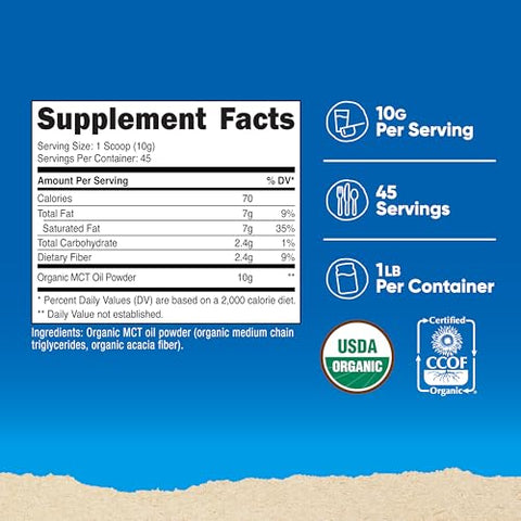MCT Oil Powder Orgânico (454g) – Triglicerídeos de Cadeia Média Orgânicos, Vegetariano, Sem Glúten - Nutricost