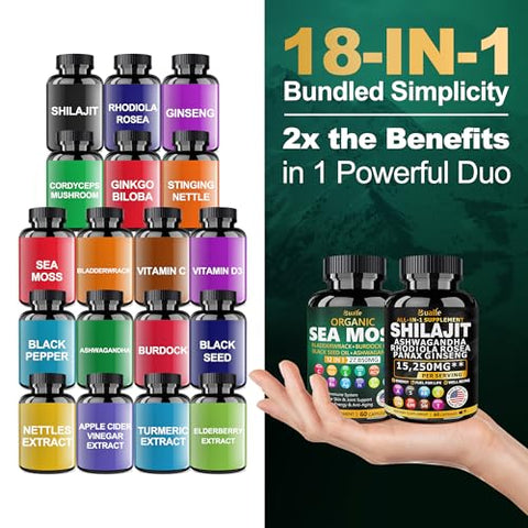 Bualle - Pacote Sea Moss e Shilajit – 60 unidades – Sea Moss 18000mg, Óleo de Semente Preta 4000mg, Ashwagandha 1000mg, Gengibre