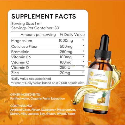 M inch - Magnésio Líquido 1000mg, Gotas Líquidas de Magnésio Glicinato Sem Açúcar com Fibra de Celulose, Bromelina, Vitamina B6, C, D, Zinco para Noite, Saúde Digestiva (2 Pacotes, Abacaxi)