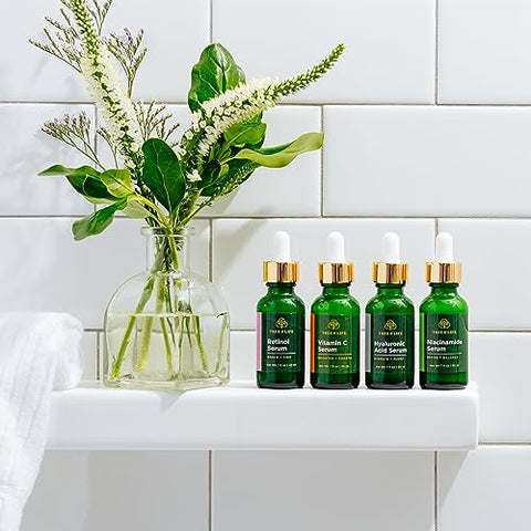 Tree of Life Beauty - Regime Avançado Tree of Life – Sérum de Niacinamida (Refina) Sérum de Vitamina C (Ilumina) Sérum de Retinol (Suaviza) Sérum de Ácido Hialurônico (Hidrata) – Séruns Faciais – 4 unid x 30 ml