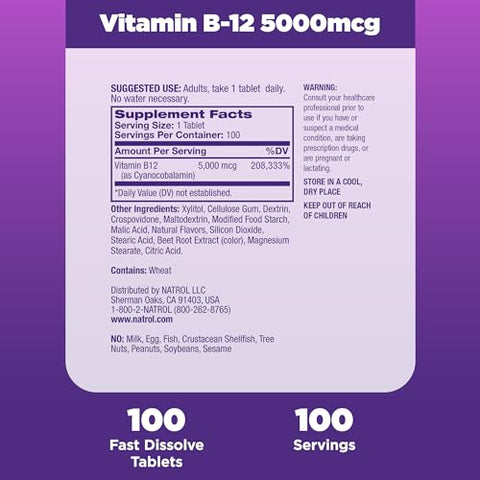 Vitamina B12 Comprimidos de Dissolução Rápida, Energia e Sistema Nervoso Saudáveis, Máxima Potência, Sabor Morango, 5.000mcg, 100 Unidades - Natrol