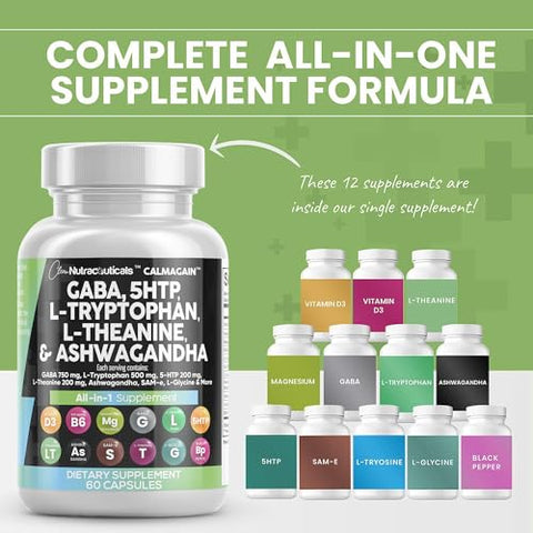Suplemento para o Humor com GABA 750mg, 5 HTP 200mg, L Triptofano 500mg, L Teanina 200mg, Ashwagandha 3000mg, SAM-e, L-Glicina e L-Tirosina – Vitamina para Homens e Mulheres – Contagem - Clean Nutraceuticals